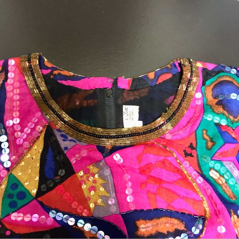 Vintage 60s Judith Ann Creations Beaded Silk Colorful Kaftan Mini Dress Magenta - Picture 8 of 15